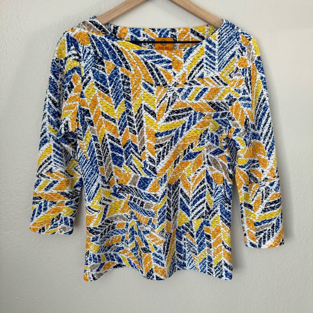 Vintage Ruby Road Womens Yellow Blouse 3/4 Sleeve Abstract Stretch Size Small